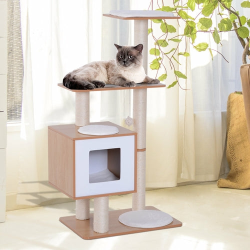 PawHut 47" aukščiausios kokybės medinis kačių draskyklė-namelis „Kitty“ kačiukams