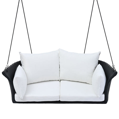 LuneluX_Home – Hanging Rattan Porch Swing for 2 (Black Wicker + White