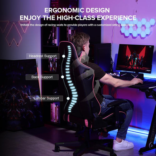 Ergonominė žaidimų kėdė su „Bluetooth“ garsiakalbiais ir kojų atrama
