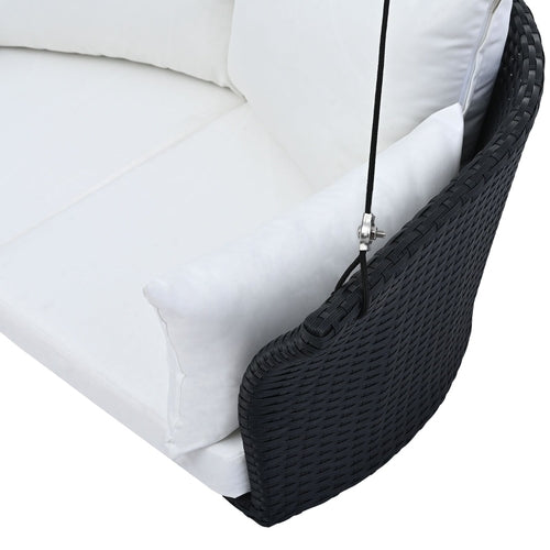 LuneluX_Home – Hanging Rattan Porch Swing for 2 (Black Wicker + White