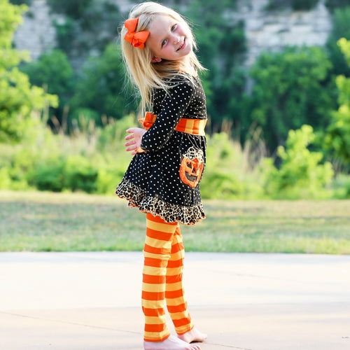 AnnLoren Girls' Halloween Orange Pumpkin Polka Dot Dress & Leggings