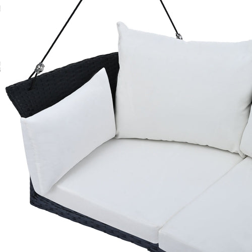 LuneluX_Home – Hanging Rattan Porch Swing for 2 (Black Wicker + White