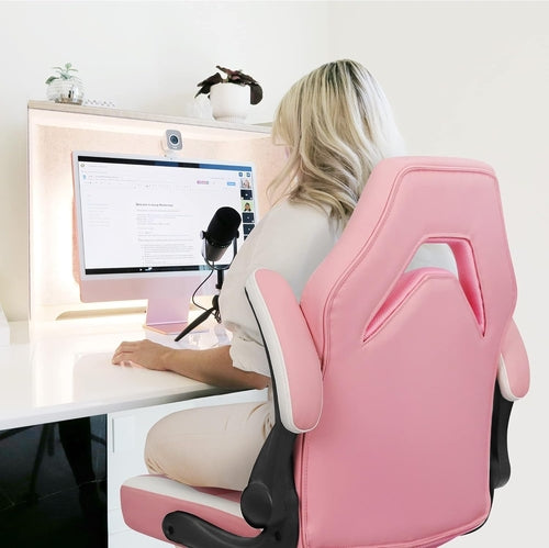 Rožinė ergonomiška žaidimų kėdė su reguliuojama juosmens atrama