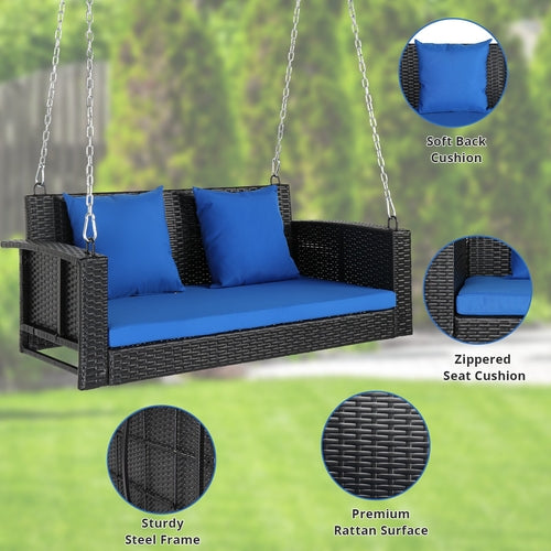SolunaSwing™ – 4 pėdų juodas rotango kabinamas krėslas su mėlynomis pagalvėlėmis