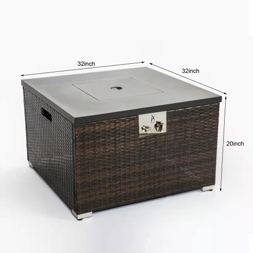 Lauko dujinė laužavietė, kvadratinė, tamsiai rudos spalvos, pintas laužavietės stalas
