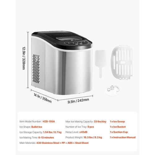 Countertop Ice Maker, 9 Cubes Ready in 6 Mins, 33lbs in 24Hrs,