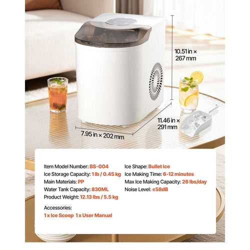 Countertop Ice Maker, 7 Cubes Ready in 6 Mins, 26 lbs per Day,