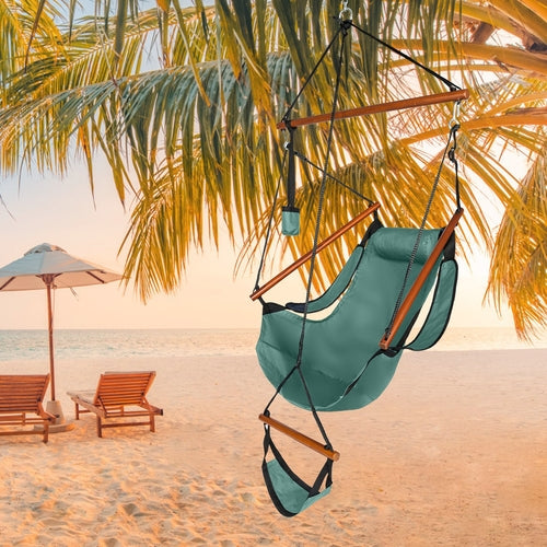 LuxeSwing™ – Oksfordo pakabinama kėdė su mediniu skersiniu ir puodelio laikikliu, žalia