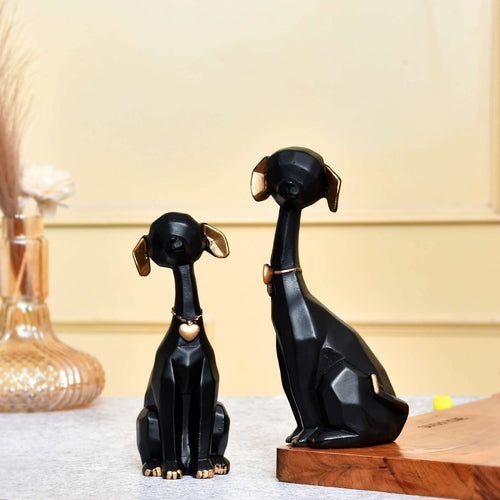 Black Golden Set of 2 Cute Dog Statues Animal Figurines Decorative