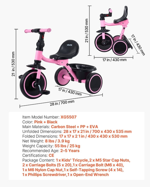 Toddler Tricycle for 2-5 Year Old, Folding Kids Trike with Adjustable