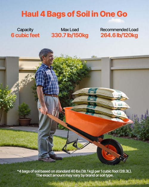 Wheelbarrow Cart, 6 Cu. Ft. Load & 330 lbs Capacity, One Wheel Garden