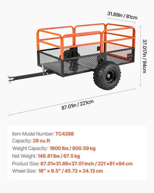 Garden Utility Trailer, 28 Cu. Ft. & 800kg, ATV UTV Trailer, Tow