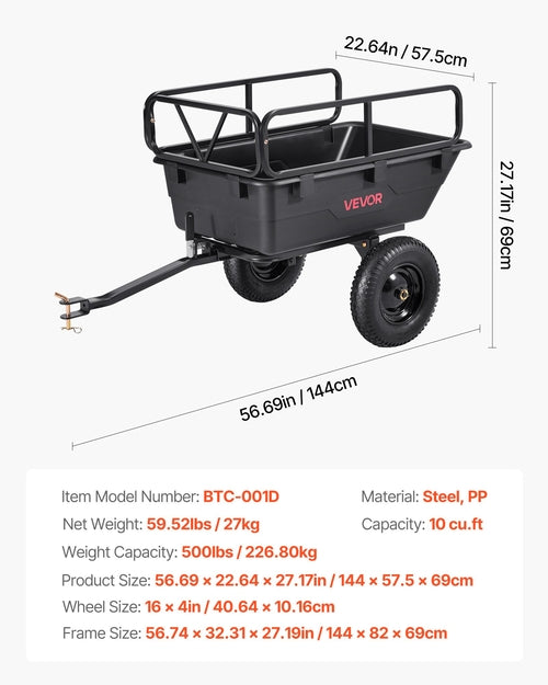 Garden Utility Trailer, 10 Cu. Ft 227 kg, ATV UTV Hauling Trailer, Tow