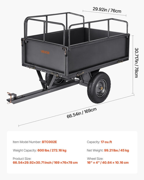 Garden Utility Trailer, 17 Cu. Ft & 272 kg Capacity, ATV UTV Hauling