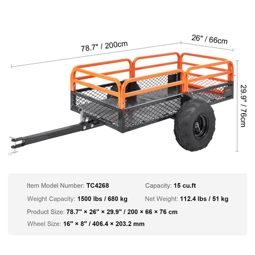 Heavy Duty Steel ATV Dump Trailer, 680 kg Load Capacity 0.43 Cubic