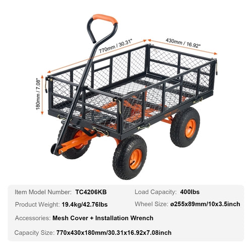 Dump Cart, Metal Garden Dump Cart with Easy to Assemble Frame, Dump