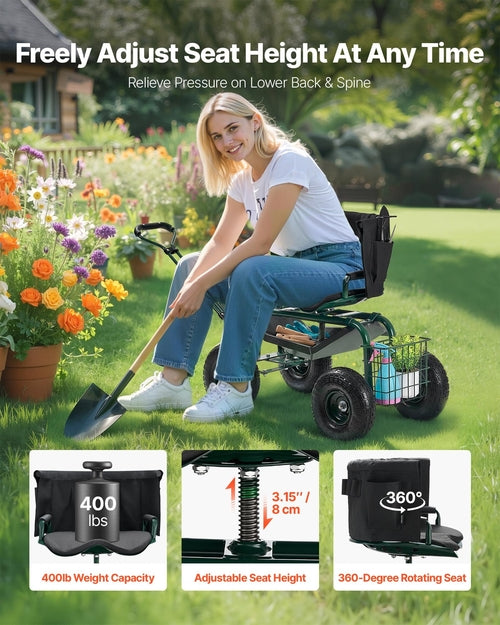 Garden Seat with Wheels, Rolling Garden Stool with Height Adjustable &