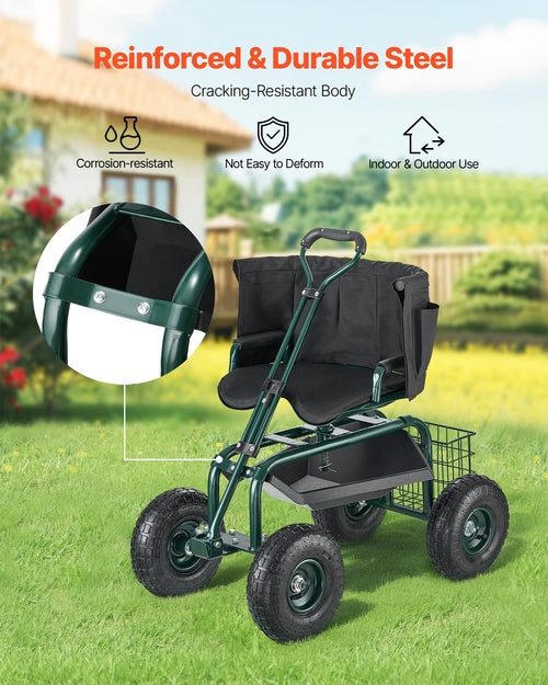 Garden Seat with Wheels, Rolling Garden Stool with Height Adjustable &