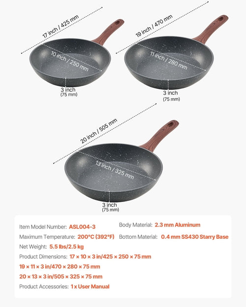 Frying Pan Skillet, Aluminum Egg Fry Pans, 3 Piece Set (250, 280, 325