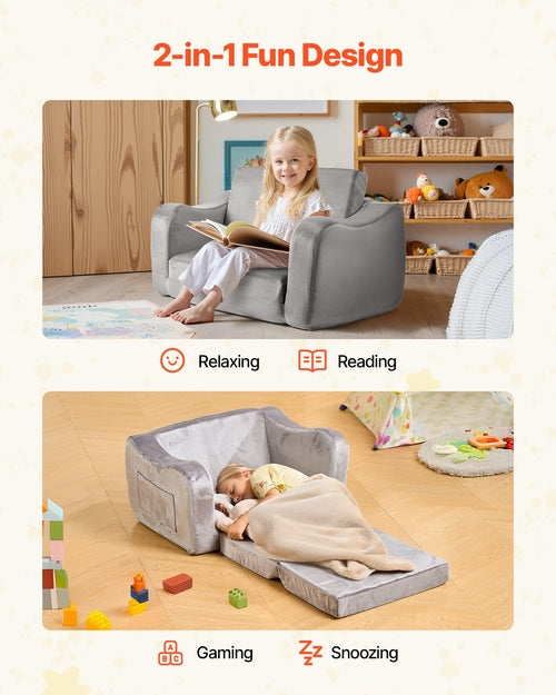 2-in-1 vaikiška sofa, sulankstoma minkšta kūdikių sofa su porankiais, pagaminta iš