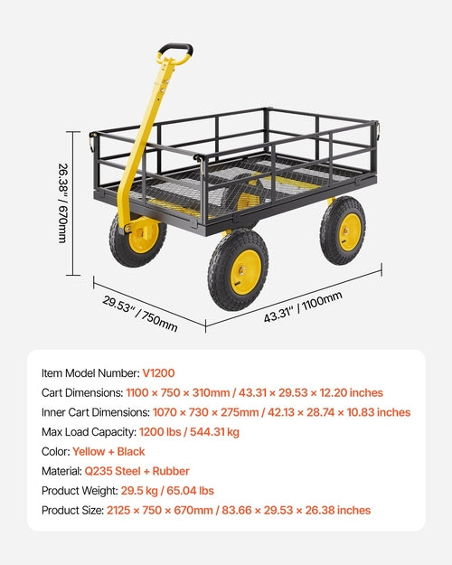 1200 Lbs Steel Garden Cart, Heavy Duty Pullable Garden Wagon Yard